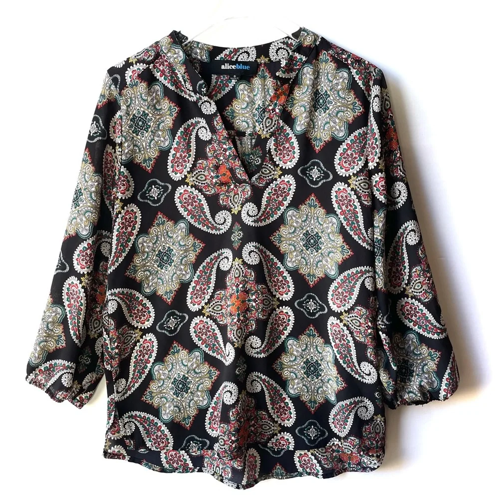 Alice Blue Black Multicolor Paisley Floral Print Split Neck Long Sleeve Top - Picture 5 of 14